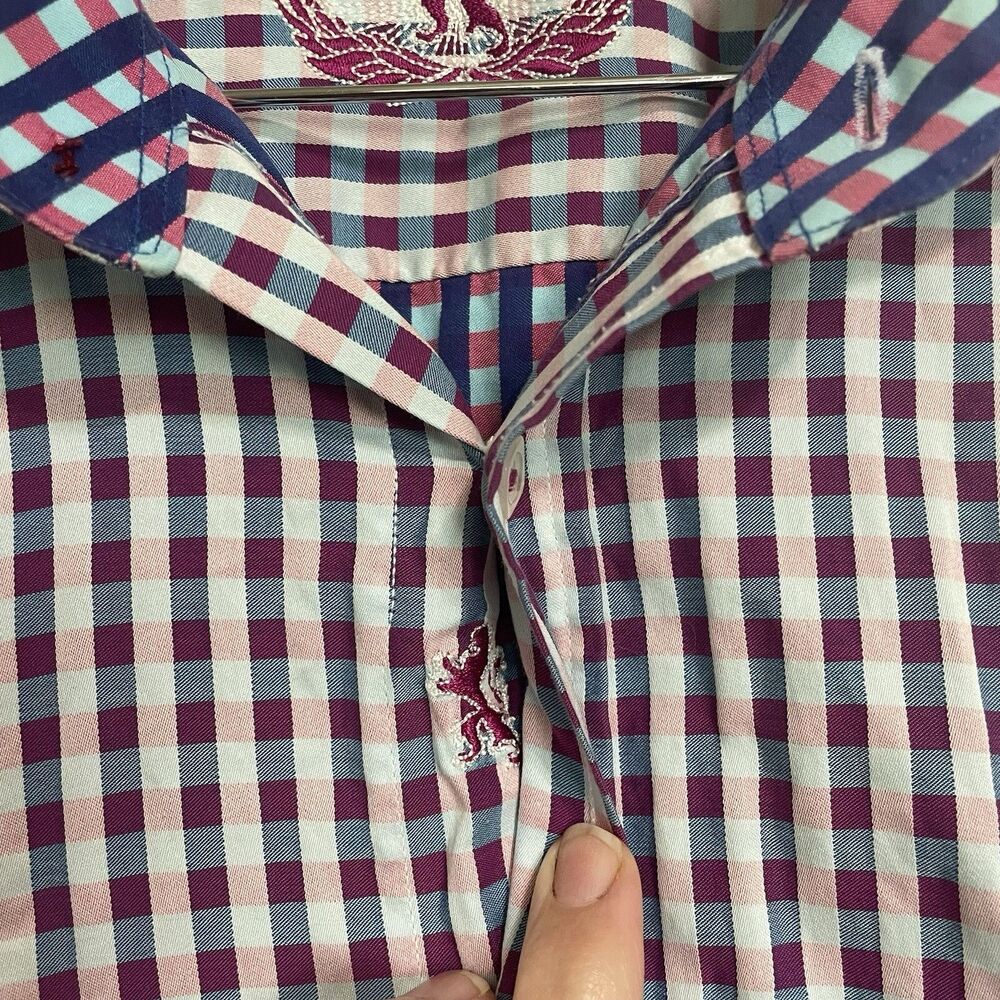 Bugatchi Button Down Shirt Mens XL Blue Pink Gingham Shaped Fit Cotton LS - Picture 4 of 9